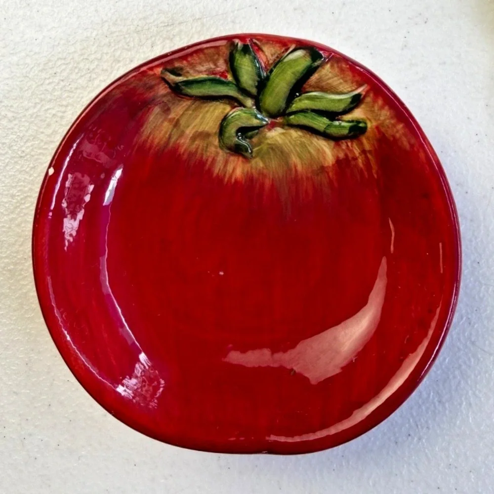 3 Pier 1 Hand Painted Veggie Plates Ironstone Tomato Pumpkin Asparagus Set Serve